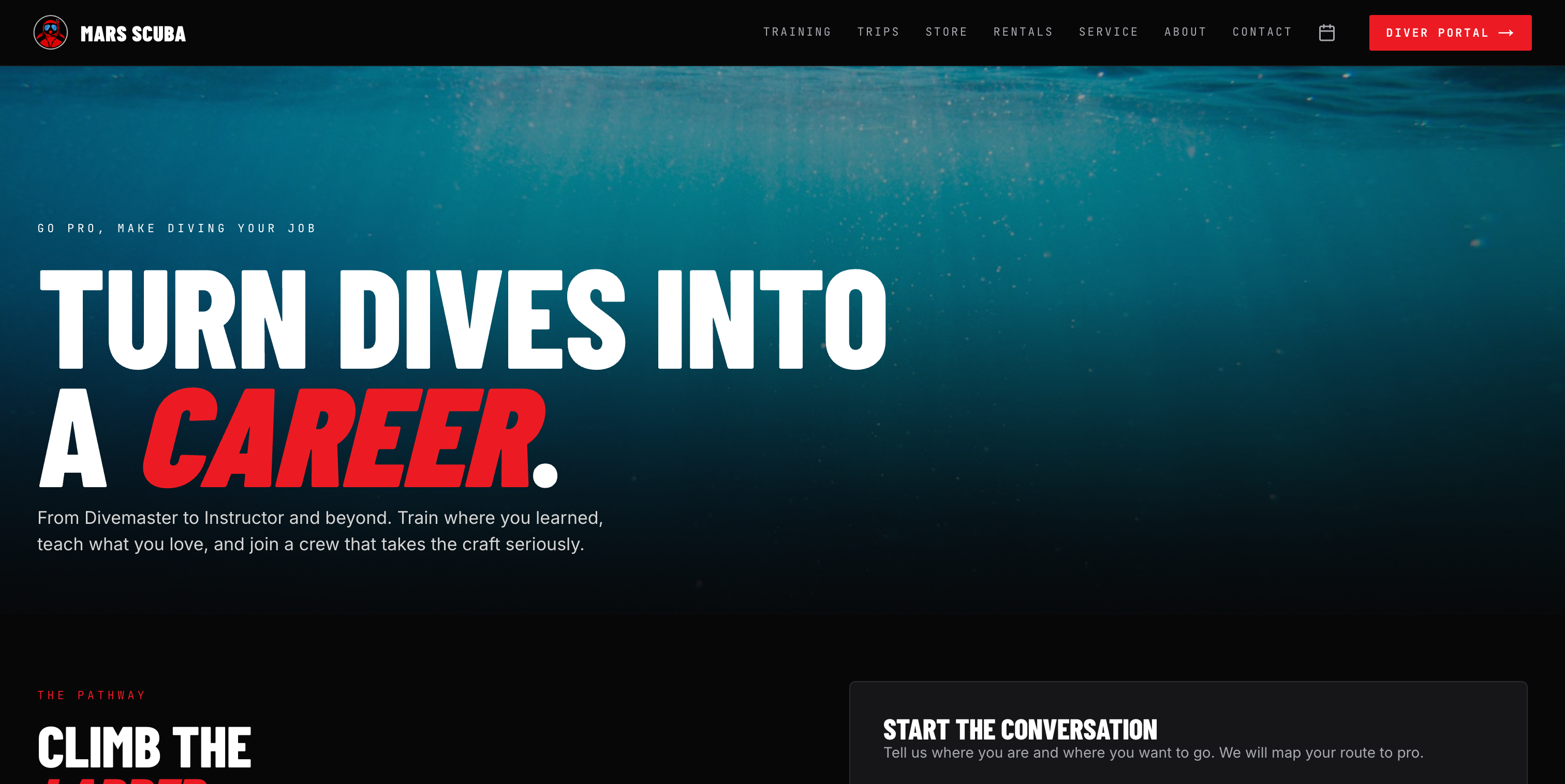 The Become a Pro recruiting page for aspiring dive instructors.