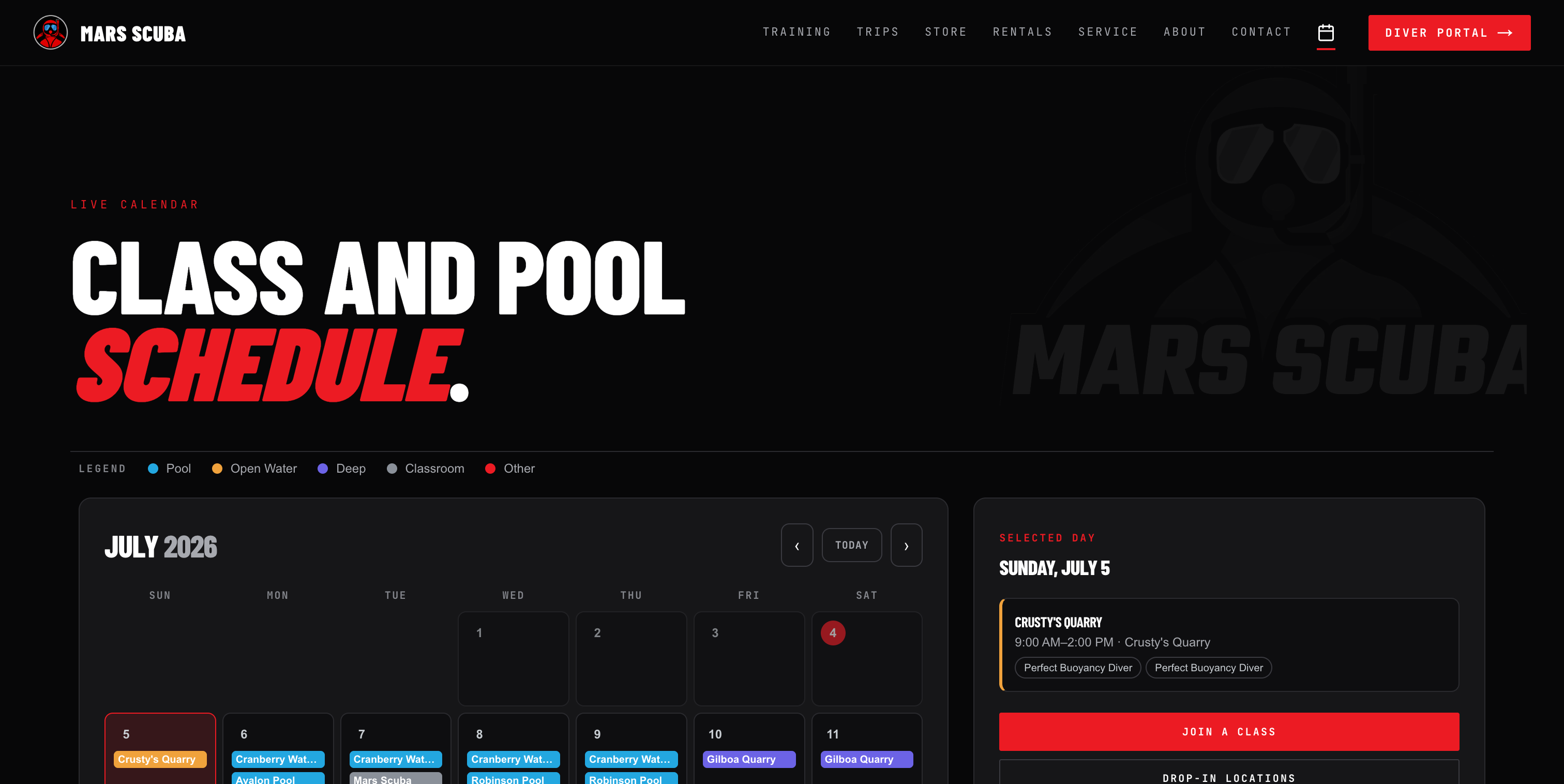 The training calendar showing pool sessions and class schedules.