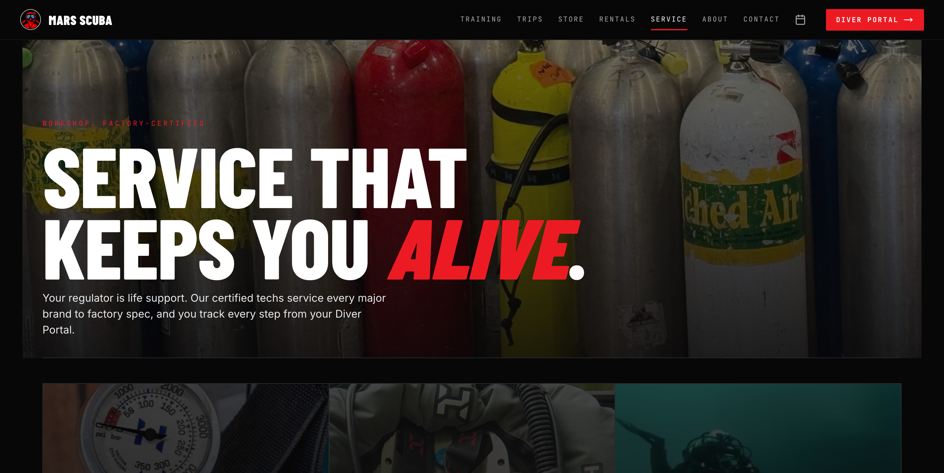 The equipment service page for dive gear repairs.